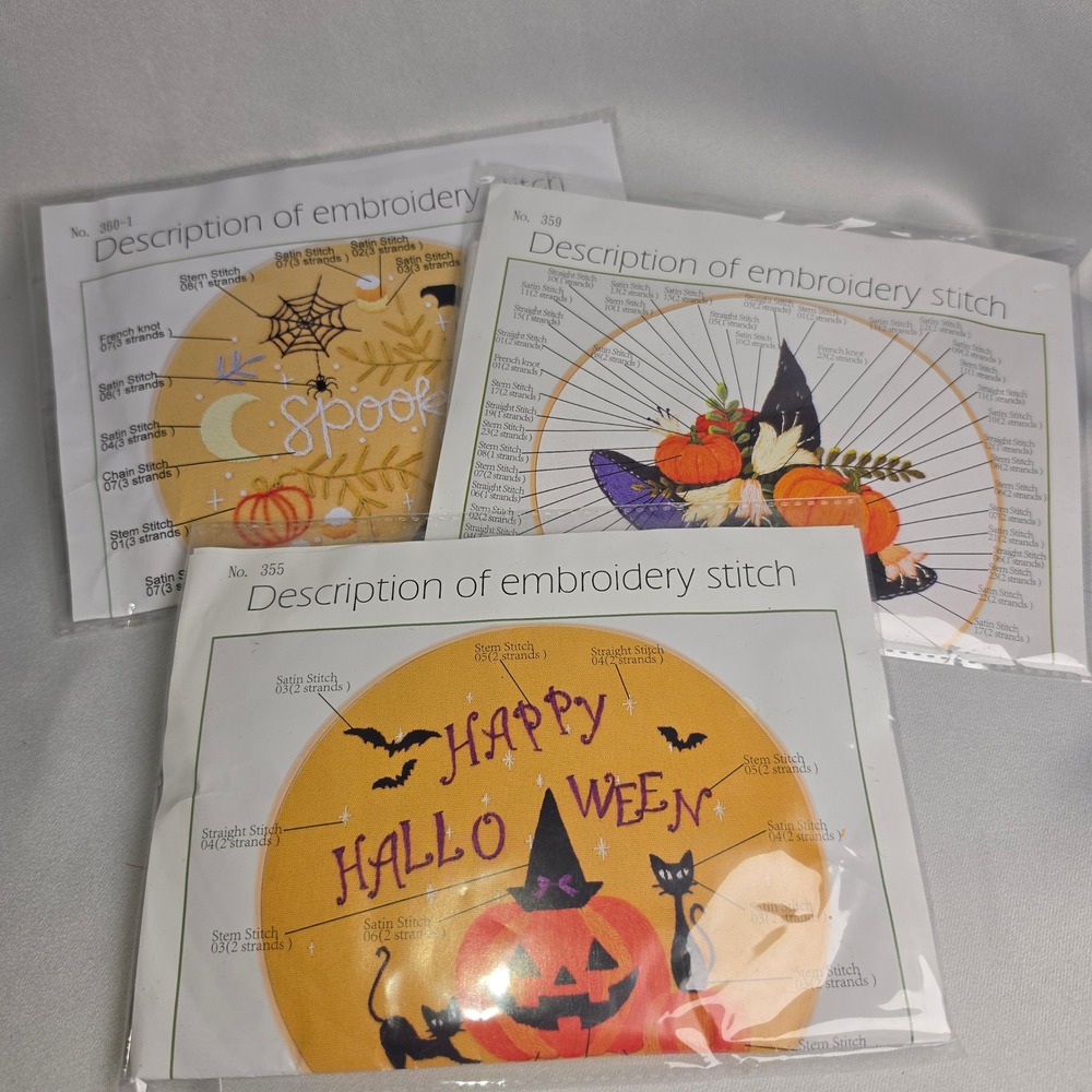 3 Halloween Embroidery Starter Kits Spooky Witch Hat Jack-O-Lantern DIY Craft